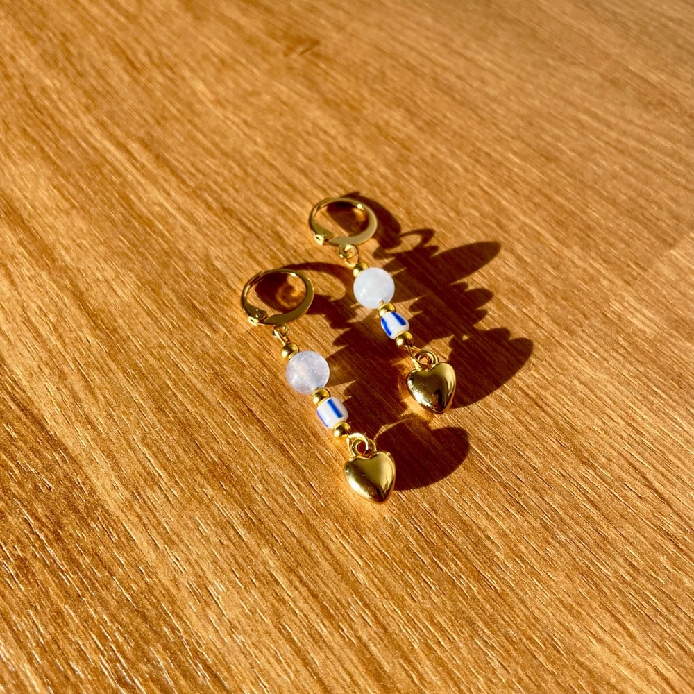 Gold Stainless Steel Heart Drop Earrings with Aquamarine Stones